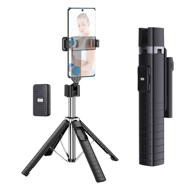 Alogy Selfie stick kijek Uchwyt na telefon tripod stabilny statyw do zdjęć Quadrapod z pilotem Bluetooth Czarny