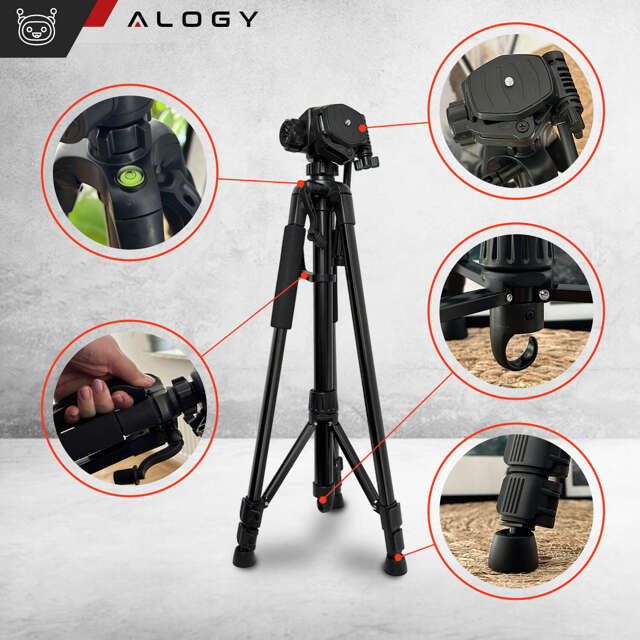 Alogy Statyw Fotograficzny Tripod Uniwersalny stojak do Kamer 1/4 uchwyt na telefon aparat 170cm Czarny