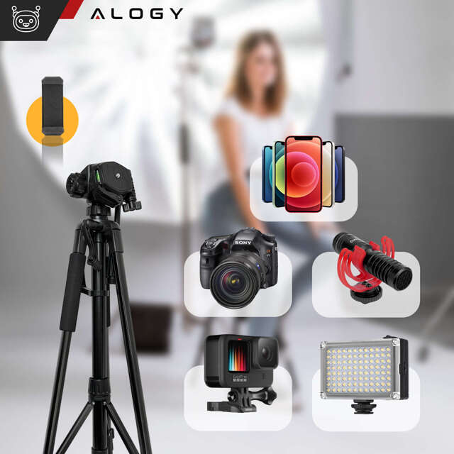 Alogy Statyw Fotograficzny Tripod Uniwersalny stojak do Kamer 1/4 uchwyt na telefon aparat 170cm Czarny