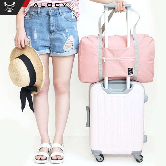 Alogy Torba podróżna wodoodporna Travel Bag duża pojemna składana z uchwytem na walizkę Różowa