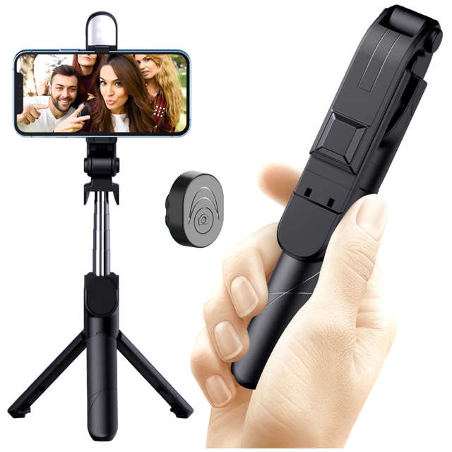 Alogy Uchwyt Bezprzewodowy Selfie Stick Bluetooth składany Tripod Mini statyw do telefonu z lampką LED