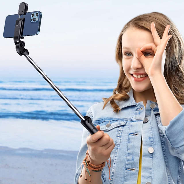 Alogy Uchwyt Bezprzewodowy Selfie Stick Bluetooth składany Tripod Mini statyw do telefonu z lampką LED
