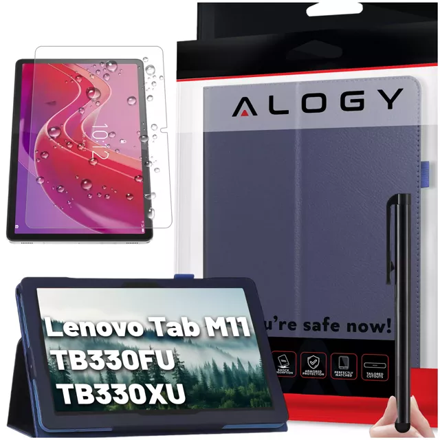 Etui + Szkło do Lenovo Tab K11E / M11 10.95" TB330FU/TB330XU/TB331FC stojak pokrowiec obudowa z klapką na tablet Case Alogy Granatowe + Rysik Gratis