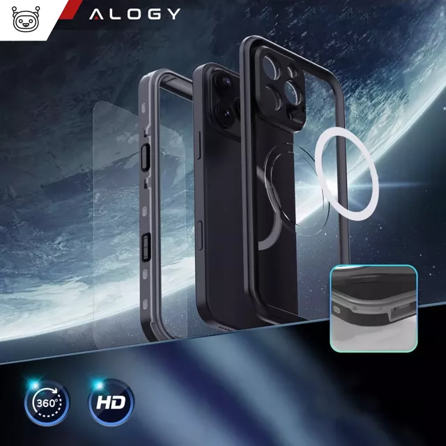 Etui Wodoodporne Alogy HydroArmor™ IP68 Case z przezroczystym tyłem Pancerna obudowa 360 do MagSafe do Apple iPhone 16 Pro