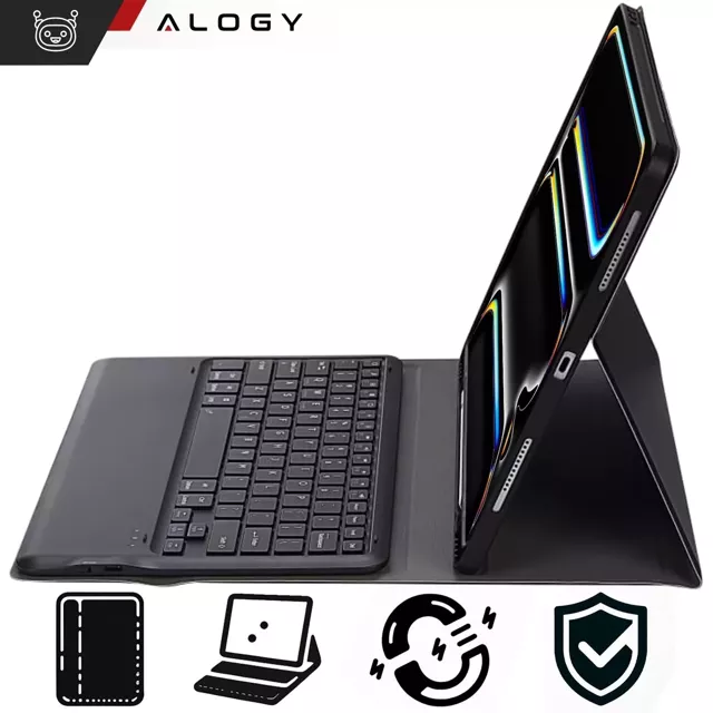 Etui ochronne z klawiaturą do Apple iPad Pro 13" M4 2024 7gen Alogy case z miejscem na rysik klawiatura Bluetooth czarne + szkło 