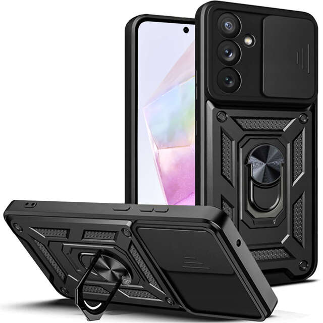 Etui pancerne do Samsung Galaxy A35 5G Camshield Case Ring Alogy Stand z osłonką na aparat slide czarne