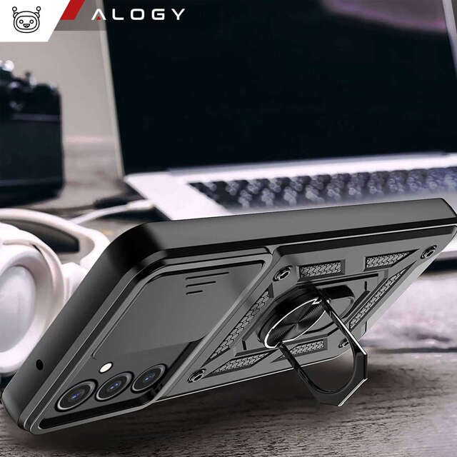 Etui pancerne do Samsung Galaxy A55 5G Camshield Case Ring Alogy Stand z osłonką na aparat slide czarne