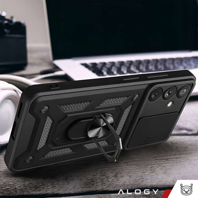 Etui pancerne do Samsung Galaxy S23 FE Camshield Case Ring Alogy Stand z osłonką na aparat slide czarne