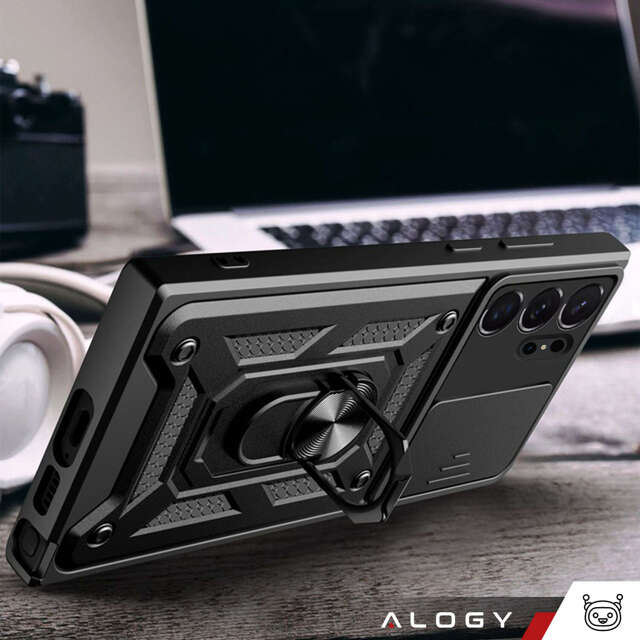 Etui pancerne do Samsung Galaxy S24 Ultra Camshield Case Ring Alogy Stand z osłonką na aparat slide czarne