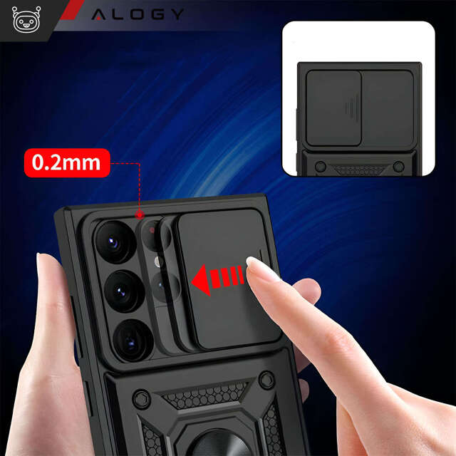 Etui pancerne do Samsung Galaxy S24 Ultra Camshield Case Ring Alogy Stand z osłonką na aparat slide czarne