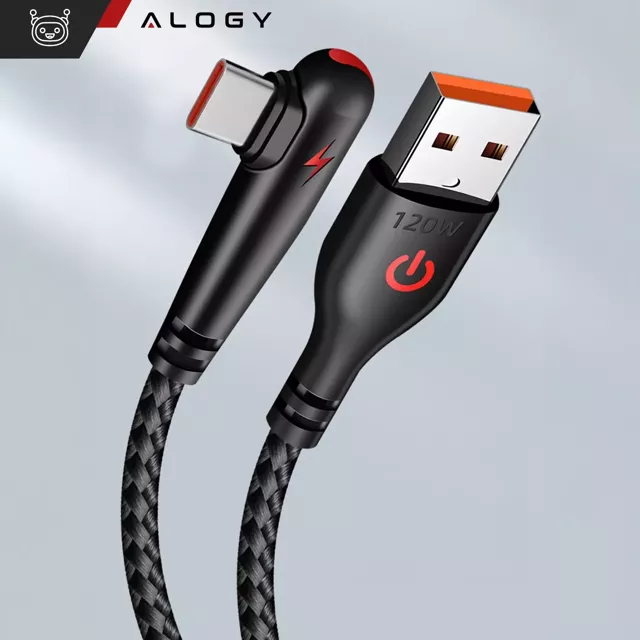 Kabel 100cm typ USB USB-C szybkie ładowanie 120W Alogy A-C mocny 90 stopni z oplotem przewód Czarny