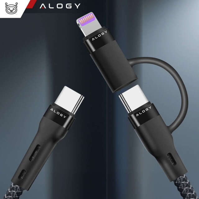 Kabel 2w1 Alogy USB-C typ C do Lightning PowerDelivery do Apple iPhone PD 60W 100cm 1M przejściówka adapter Czarny