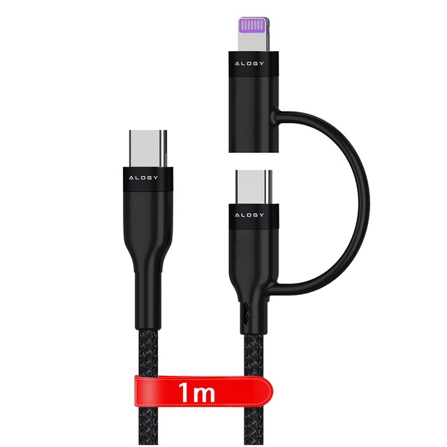 Kabel 2w1 Alogy USB-C typ C do Lightning PowerDelivery do Apple iPhone PD 60W 100cm 1M przejściówka adapter Czarny