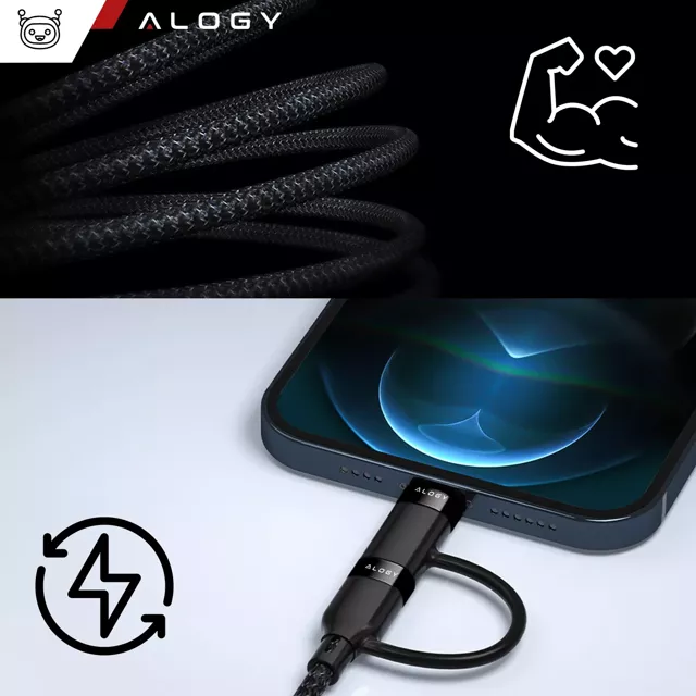 Kabel 2w1 Alogy USB-C typ C do Lightning PowerDelivery do Apple iPhone PD 60W 100cm 1M przejściówka adapter Czarny