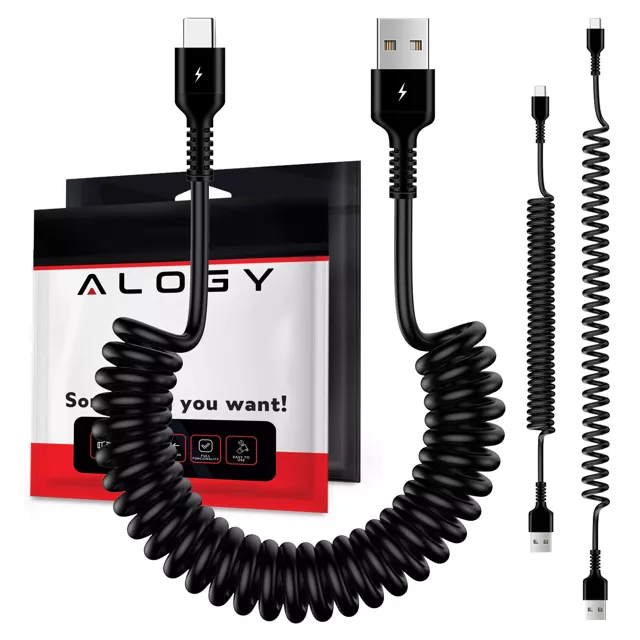 Kabel Alogy do ładowania spiralny samochodowy 66W 5A 150cm USB C czarny