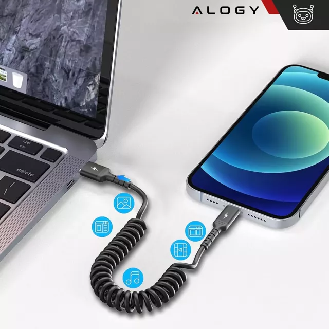 Kabel Alogy do ładowania spiralny samochodowy 66W 5A 150cm USB C czarny