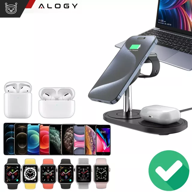 Ładowarka indukcyjna 3w1 do telefonu zegarka słuchawek  Alogy Qi Charger do Apple iPhone Watch AirPods Czarna