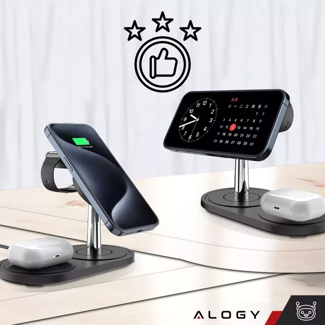 Ładowarka indukcyjna 3w1 do telefonu zegarka słuchawek  Alogy Qi Charger do Apple iPhone Watch AirPods Czarna