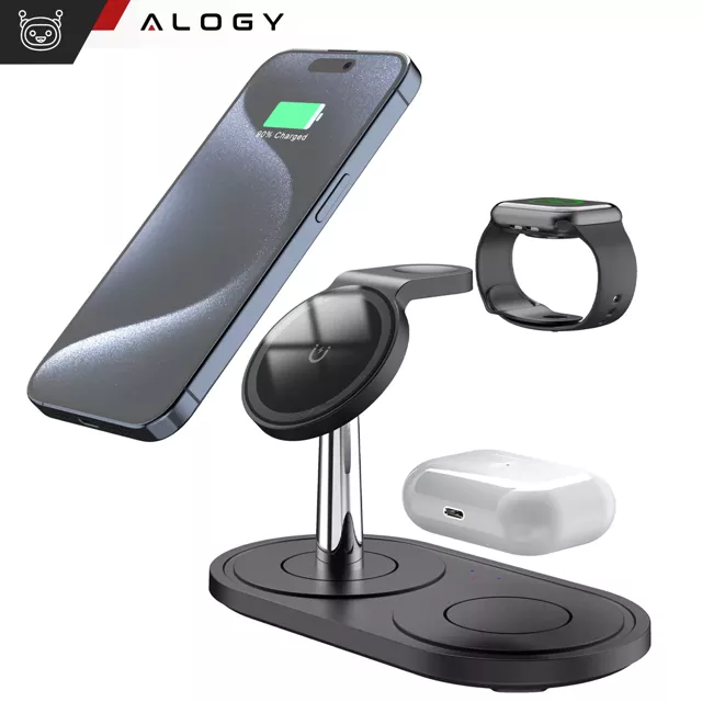 Ładowarka indukcyjna 3w1 do telefonu zegarka słuchawek  Alogy Qi Charger do Apple iPhone Watch AirPods Czarna