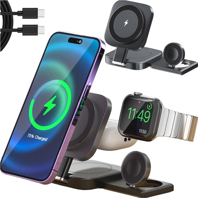 Ładowarka indukcyjna Qi Mag Safe 15W do iPhone Apple Watch AirPods bezprzewodowa 3w1 Stacja dokująca czarna