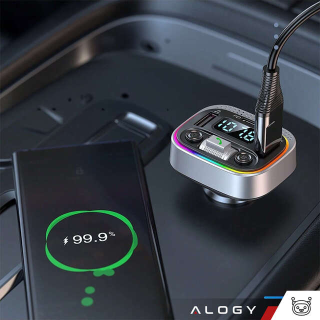 Ładowarka samochodowa transmiter LED RGB  Alogy Car Charge USB QC 3.0 + USB-C PD 20W srebrny