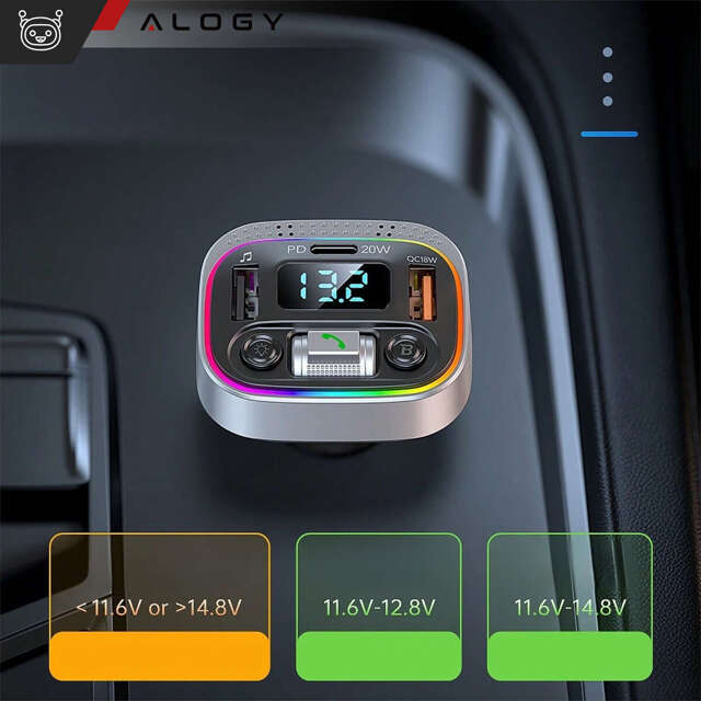 Ładowarka samochodowa transmiter LED RGB  Alogy Car Charge USB QC 3.0 + USB-C PD 20W srebrny