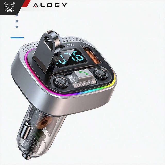 Ładowarka samochodowa transmiter LED RGB  Alogy Car Charge USB QC 3.0 + USB-C PD 20W srebrny