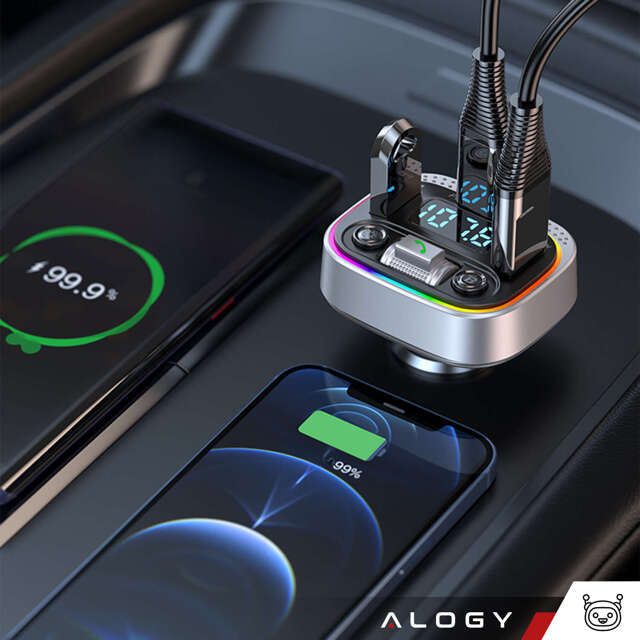 Ładowarka samochodowa transmiter LED RGB  Alogy Car Charge USB QC 3.0 + USB-C PD 20W srebrny