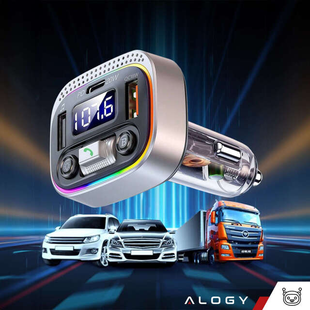 Ładowarka samochodowa transmiter LED RGB  Alogy Car Charge USB QC 3.0 + USB-C PD 20W srebrny