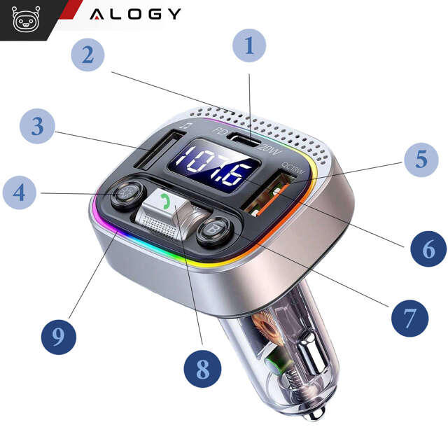 Ładowarka samochodowa transmiter LED RGB  Alogy Car Charge USB QC 3.0 + USB-C PD 20W srebrny