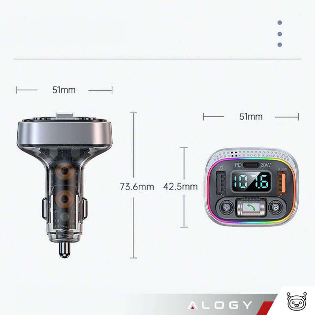 Ładowarka samochodowa transmiter LED RGB  Alogy Car Charge USB QC 3.0 + USB-C PD 20W srebrny