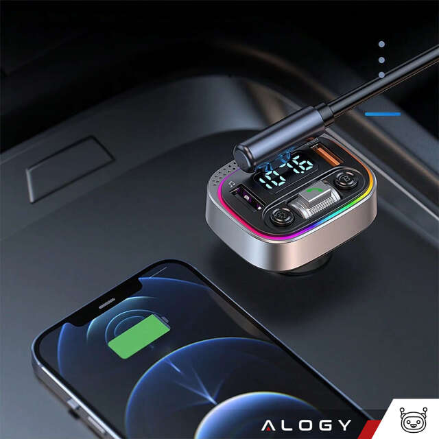 Ładowarka samochodowa transmiter LED RGB  Alogy Car Charge USB QC 3.0 + USB-C PD 20W srebrny