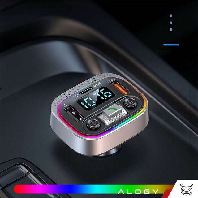 Ładowarka samochodowa transmiter LED RGB  Alogy Car Charge USB QC 3.0 + USB-C PD 20W srebrny