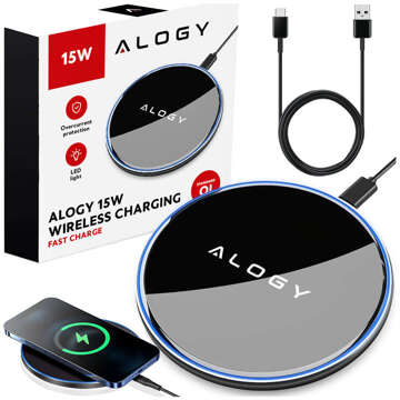 Alogy Ładowarka indukcyjna okrągła Qi LED Charger 15W bezprzewodowa + kabel USB-C Czarny