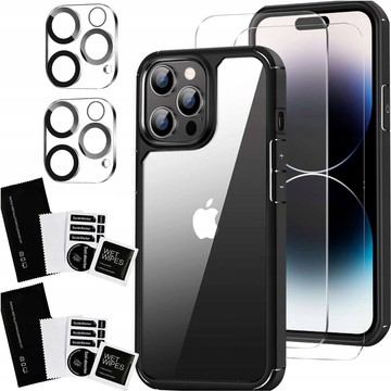 Etui do iPhone 15 Pro Obudowa Case +2x szkło na ekran i 2x obiektyw pancerne Alogy 360 Hybrid Set 5w1 czarno-przezroczyste