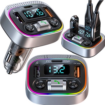 Ładowarka samochodowa transmiter LED RGB  Alogy Car Charge USB QC 3.0 + USB-C PD 20W srebrny